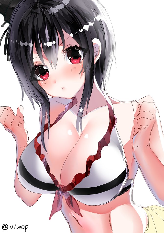 1girl bikini black_hair blush breasts closed_mouth eyebrows_visible_through_hair hair_between_eyes hair_ornament kantai_collection large_breasts long_hair looking_at_viewer medium_hair red_eyes simple_background swimsuit twitter_username viwop white_background yamashiro_(kantai_collection)