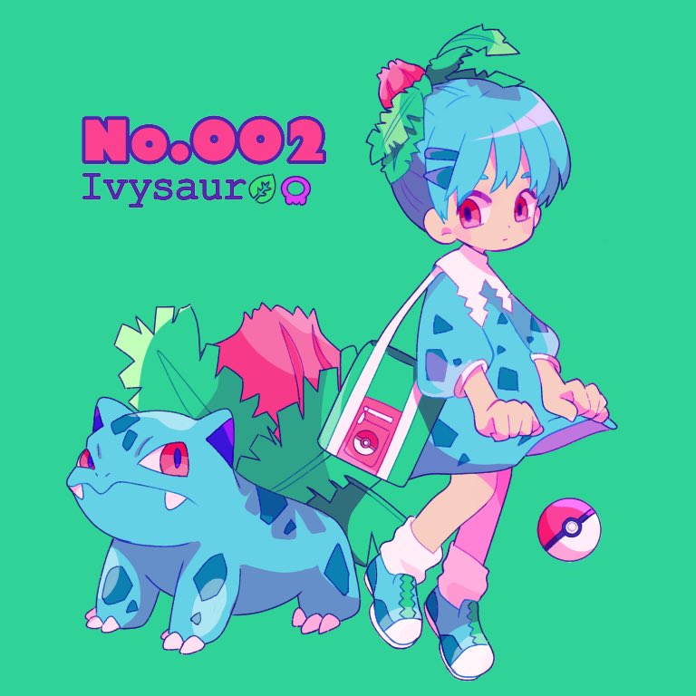 1girl aqua_hair bag bangs character_name dress fangs full_body gen_1_pokemon green_background green_footwear hair_ornament ivysaur leaf leg_up looking_at_viewer mameeekueya moemon personification poke_ball pokemon pokemon_(creature) pokemon_number puffy_short_sleeves puffy_sleeves red_eyes shoes short_hair short_sleeves simple_background standing zipper