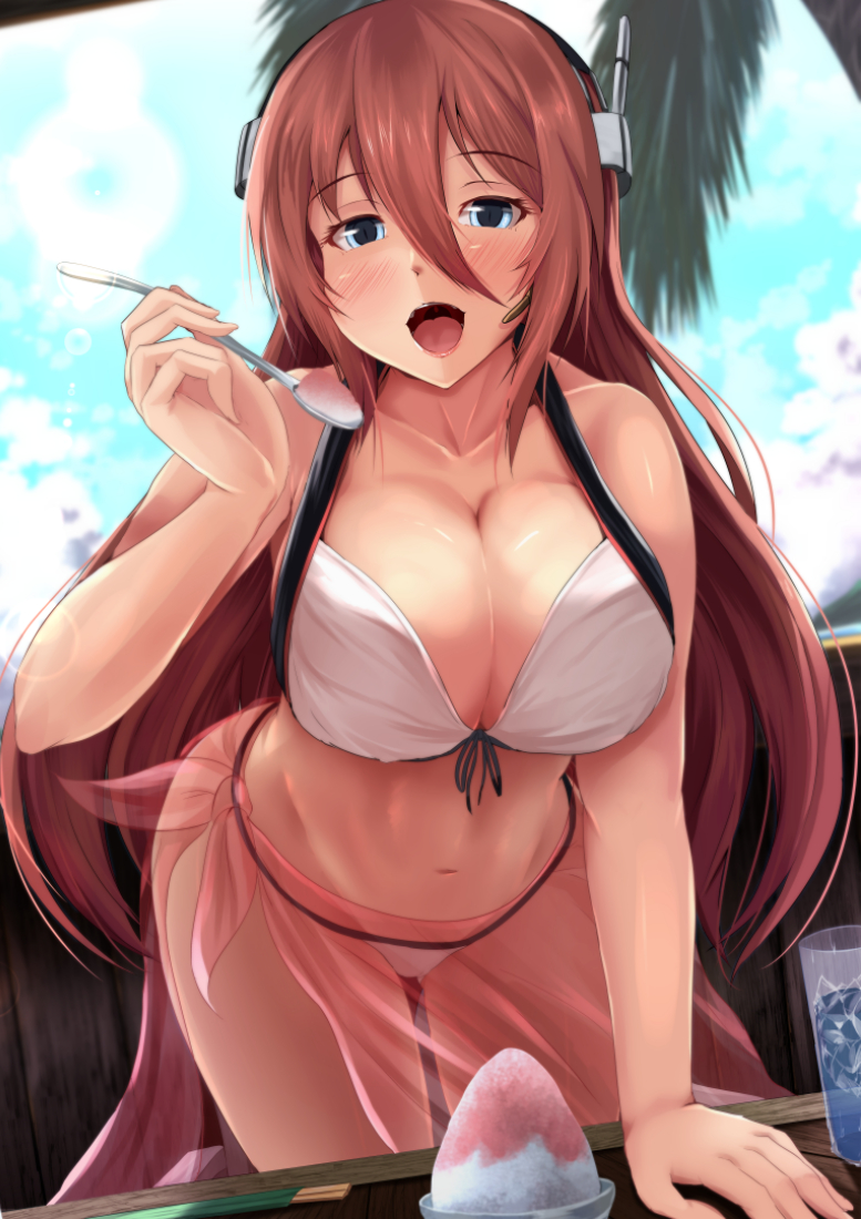 1girl alternate_costume azur_lane bangs bare_arms bare_shoulders bikini blue_eyes blue_sky blurry blurry_background blush breasts chopsticks cleavage clouds collarbone cup day eyebrows_visible_through_hair giving groin hair_between_eyes headset holding holding_spoon kanzaki_kureha large_breasts leaning_forward long_hair looking_at_viewer navel open_mouth outdoors palm_tree pink_hair pov ranger_(azur_lane) sarong see-through shaved_ice sidelocks sky solo spoon stomach swimsuit table tree white_bikini