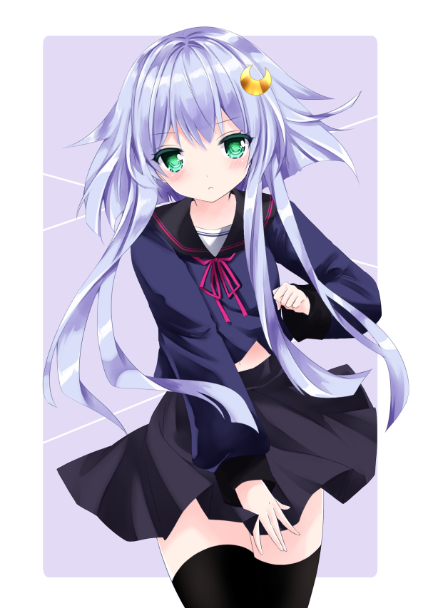 1girl bangs black_legwear black_sailor_collar black_skirt blue_shirt blush closed_mouth crescent crescent_hair_ornament eyebrows_visible_through_hair green_eyes hair_between_eyes hair_ornament kantai_collection long_hair long_sleeves looking_at_viewer nanase_nao pleated_skirt purple_hair sailor_collar school_uniform serafuku shirt skirt solo thigh-highs very_long_hair yayoi_(kantai_collection)