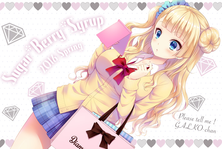 1girl 2016 bag bangs blonde_hair blue_eyes blue_scrunchie blue_skirt blunt_bangs blush bow breasts cardigan collared_shirt commentary_request copyright_name diamond_(symbol) double_bun eyebrows_visible_through_hair galko hair_ornament hair_scrunchie hands_up heart holding kuroe_(sugarberry) large_breasts long_sleeves oshiete!_galko-chan parted_lips plaid plaid_skirt pleated_skirt red_bow school_uniform scrunchie shirt shopping_bag side_bun skirt solo white_shirt yellow_cardigan