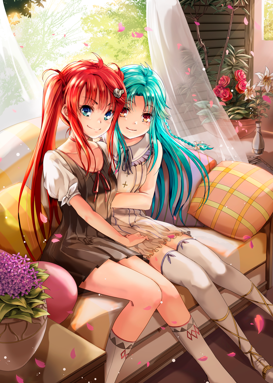 2girls arm_hug bare_shoulders blue_eyes blue_hair blush bow braid breasts collarbone couch curtains cushion dress falling_petals flower flower_pot hair_bow hair_ornament hairclip hand_on_another's_thigh highres hinabita hopper hug indoors long_hair looking_at_viewer medium_breasts multiple_girls orange_eyes petals pillow puffy_sleeves red_eyes red_ribbon redhead ribbon rose shinonome_kokona shinonome_natsuhi siblings sisters sleeveless sleeveless_dress smile thigh-highs tree twins twintails vase white_bow white_dress white_footwear window