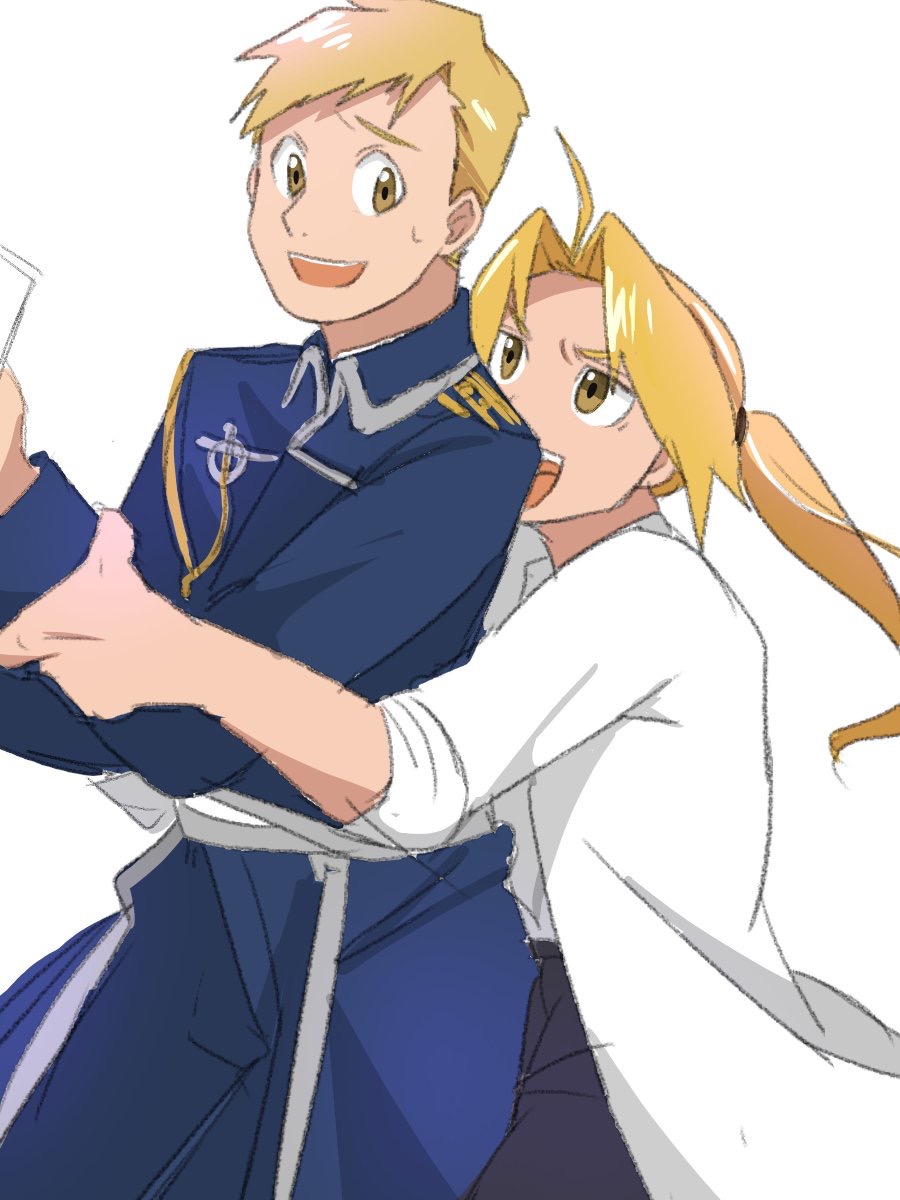 2boys :d alphonse_elric alternate_costume amestris_military_uniform blonde_hair brothers cowboy_shot edward_elric floating_hair fullmetal_alchemist height_difference highres hug hug_from_behind long_sleeves looking_at_another looking_back male_focus military military_uniform multiple_boys open_mouth paper ponytail shaded_face shirt short_hair siblings simple_background smile sweatdrop uniform upper_body white_background white_shirt yellow_eyes