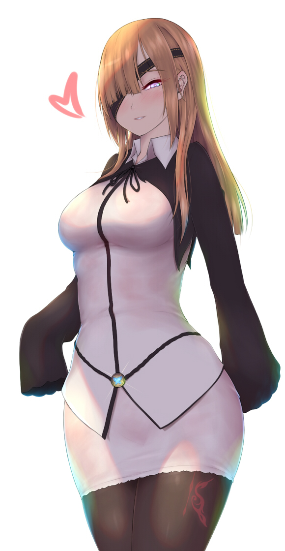 1girl bangs black_ribbon blonde_hair blunt_bangs blush breasts brown_legwear butterfly_tattoo collared_shirt commentary_request cowboy_shot eyebrows_visible_through_hair eyepatch fate/grand_order fate_(series) glint half-closed_eyes heart hips large_breasts leg_tattoo legs_together long_hair long_sleeves looking_at_viewer neck_ribbon nikuku_(kazedesune) ophelia_phamrsolone pantyhose parted_lips pencil_skirt ribbon seductive_smile shade shirt shrug_(clothing) sidelocks simple_background skirt sleeves_past_fingers sleeves_past_wrists smile solo standing straight_hair tattoo thighs white_background white_eyes white_shirt white_skirt wing_collar