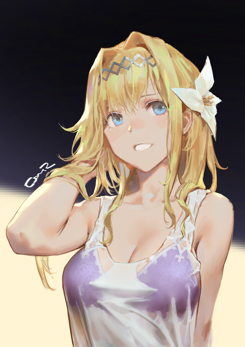 1girl alternate_costume arm_at_side bare_shoulders bikini bikini_under_clothes black_background blonde_hair blue_eyes breasts cancer_(zjcconan) cleavage collarbone commentary_request contemporary flower granblue_fantasy hair_flip hair_flower hair_intakes hair_ornament hairband jeanne_d'arc_(granblue_fantasy) large_breasts long_hair looking_away multicolored multicolored_background open_mouth see-through signature solo swimsuit tank_top upper_body wet wet_clothes white_background