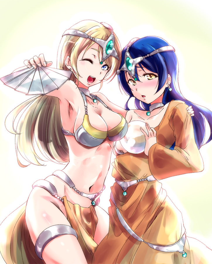2girls ayase_eli blonde_hair blue_eyes blue_hair blush breasts circlet commentary_request cosplay cowboy_shot dancer's_costume_(dq) dragon_quest dragon_quest_iv earrings hair_between_eyes holding jewelry loincloth long_hair love_live! love_live!_school_idol_project manya manya_(cosplay) minea minea_(cosplay) multiple_girls one_eye_closed open_mouth smile sonoda_umi urutsu_sahari yellow_eyes