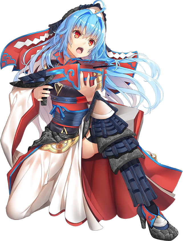 1girl :o ahoge ass_visible_through_thighs black_legwear blue_hair bowgun dress full_body high_heels holding holding_weapon koga_(oshiro_project) long_hair looking_at_viewer official_art one_knee open_mouth oshiro_project oshiro_project_re red_eyes solo transparent_background v-shaped_eyebrows weapon yappen