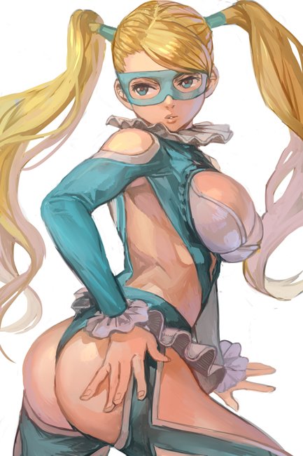 1girl ass bare_shoulders blonde_hair blue_eyes blue_leotard breasts cleavage cowboy_shot domino_mask frills from_behind hand_on_own_ass hankuri hips large_breasts leotard long_hair long_sleeves mask parted_lips rainbow_mika simple_background solo street_fighter twintails white_background wide_hips\r\n wrestling_mask wrestling_outfit