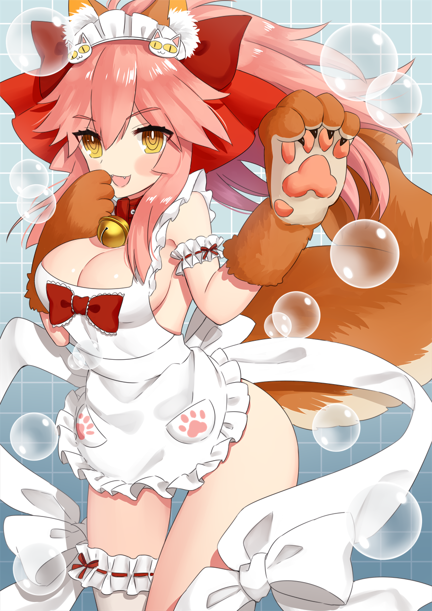 1girl animal_ears apron bell bell_collar blush blush_stickers breasts cat_hair_ornament cat_paws cleavage collar fangs fate/grand_order fate_(series) fox_ears fox_tail gloves hair_ornament hair_ribbon highres jingle_bell large_breasts long_hair looking_at_viewer maid_headdress naked_apron open_mouth paw_gloves paws pink_hair ponytail red_ribbon riamugi29 ribbon sideboob single_thighhigh solo tail tamamo_(fate)_(all) tamamo_cat_(fate) thigh-highs yellow_eyes