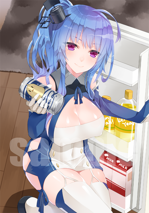 1girl azur_lane blue_hair breasts can cleavage dress elbow_gloves garter_straps gloves kneeling large_breasts long_hair looking_at_viewer mashita_(kuzsat) refrigerator st._louis_(azur_lane) thigh-highs violet_eyes