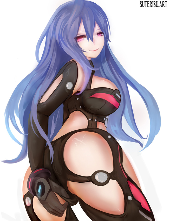 1girl adjusting_clothes ass breasts curvy elbow_gloves gloves hair_between_eyes hips iris_heart kami_jigen_game_neptune_v large_breasts long_hair looking_at_viewer looking_back neptune_(series) pink_eyes purple_hair simple_background smile solo suterisu thighs white_background