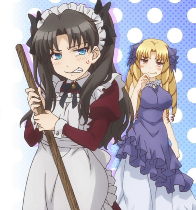 2girls angry black_hair blonde_hair crying crying_with_anger crying_with_eyes_open dress drill_hair fate/hollow_ataraxia fate/kaleid_liner_prisma_illya fate/stay_night fate/stay_night_unlimited_blade_works fate_(series) hair_ribbon long_hair luviagelita_edelfelt maid maid_apron maid_headdress multiple_girls ribbon tears tohsaka_rin twintails