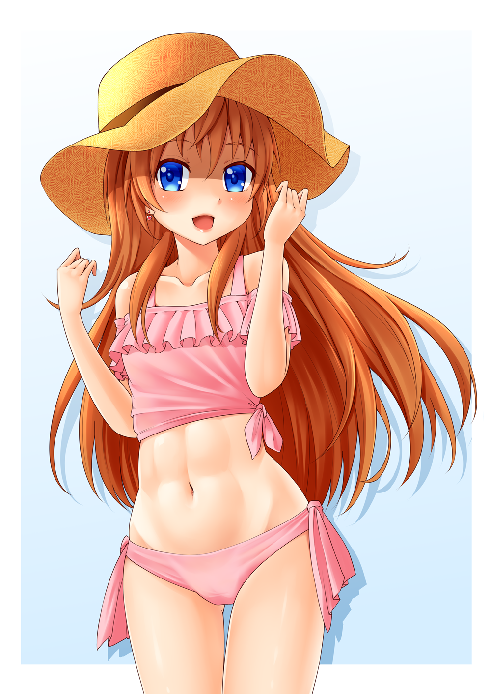 1girl :d abs bangs bare_shoulders blue_background blue_eyes blush brown_hat collarbone commentary_request cowboy_shot earrings eyebrows_visible_through_hair floating_hair frills gradient gradient_background groin hair_between_eyes hands_up hat heart heart_earrings highres houjou_hibiki jewelry kanichiri long_hair looking_at_viewer midriff navel no_pants off-shoulder_shirt open_mouth orange_hair panties pink_panties pink_shirt precure shadow shiny shiny_skin shirt side-tie_panties sidelocks smile solo standing suite_precure sun_hat thigh_gap tied_shirt underwear