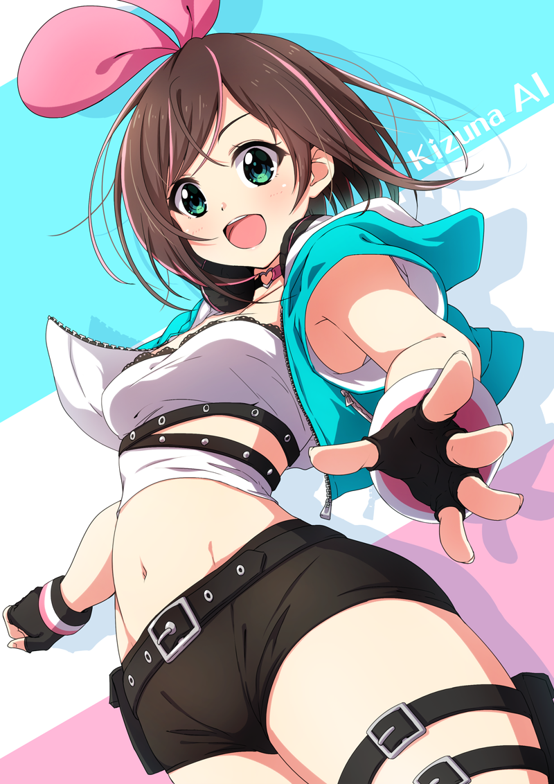 1girl :d a.i._channel armpit_peek bangs belt_buckle black_belt black_gloves black_shorts blue_jacket blush breasts brown_hair buckle character_name commentary_request cropped_jacket eyebrows_visible_through_hair fingerless_gloves gloves green_eyes hair_between_eyes hair_ribbon jacket kizuna_ai looking_at_viewer matokechi multicolored_hair navel open_clothes open_jacket open_mouth pink_hair pink_ribbon ribbon round_teeth shirt short_shorts short_sleeves shorts small_breasts smile solo streaked_hair teeth upper_teeth virtual_youtuber white_shirt