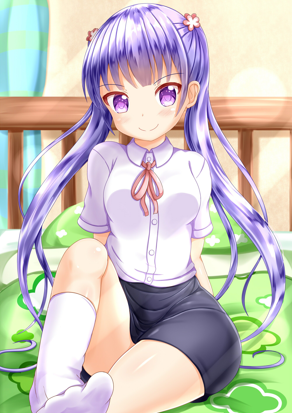 &gt;:) 1girl bangs black_skirt blush closed_mouth collared_shirt commentary_request curtains dress_shirt eyebrows_visible_through_hair flower hair_flower hair_ornament head_tilt highres indoors kneehighs long_hair looking_at_viewer new_game! no_shoes on_bed pillow purple_hair shirt short_sleeves sitting skirt smile solo suzukaze_aoba twintails v-shaped_eyebrows very_long_hair violet_eyes white_legwear white_shirt zenon_(for_achieve)