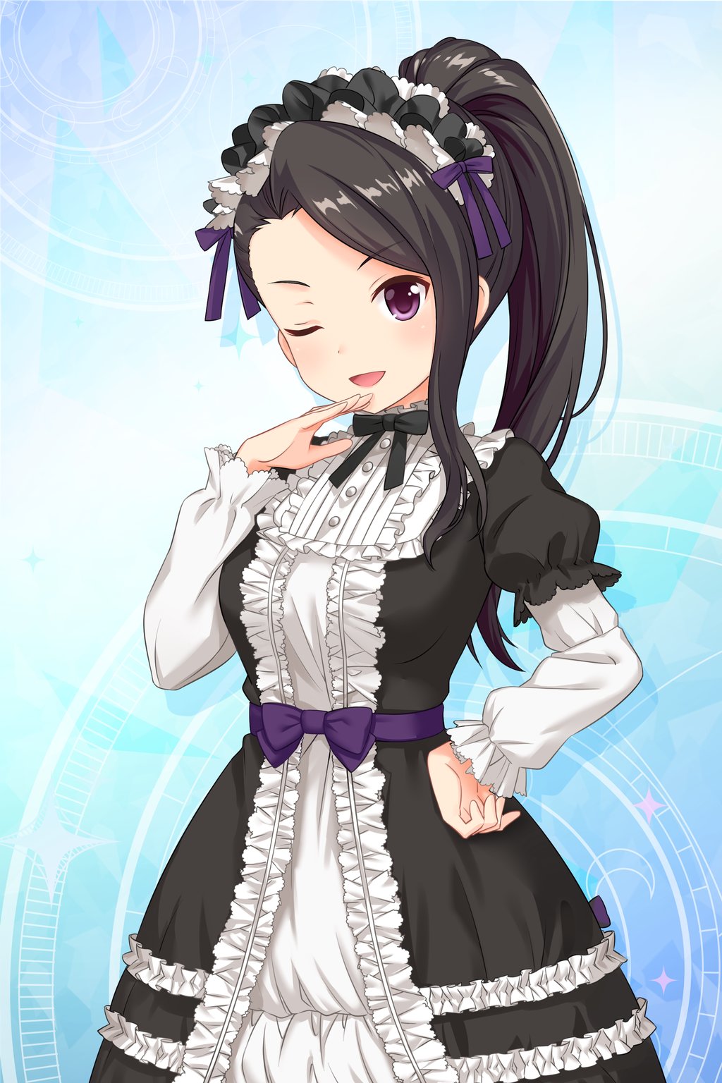 1girl alternative_girls black_dress blue_background blush breasts brown_hair cowboy_shot dress gothic_lolita hairband hand_on_hip highres lolita_fashion lolita_hairband long_sleeves medium_breasts official_art one_eye_closed open_mouth ponytail puffy_long_sleeves puffy_sleeves saionji_rei simple_background smile violet_eyes
