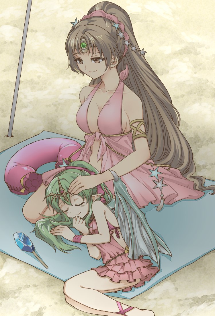 2girls al_sy bikini blush breasts brown_eyes brown_hair chiki closed_eyes cute fire_emblem fire_emblem:_mystery_of_the_emblem fire_emblem:_mystery_of_the_emblem fire_emblem:_new_mystery_of_the_emblem fire_emblem:_shin_monshou_no_nazo fire_emblem_12 fire_emblem_3 fire_emblem_heroes food green_hair hair_ornament human intelligent_systems jewelry linda_(fire_emblem) long_hair mamkute manakete multiple_girls nintendo pointy_ears ponytail popsicle sleeping smile swimsuit towel very_long_hair young