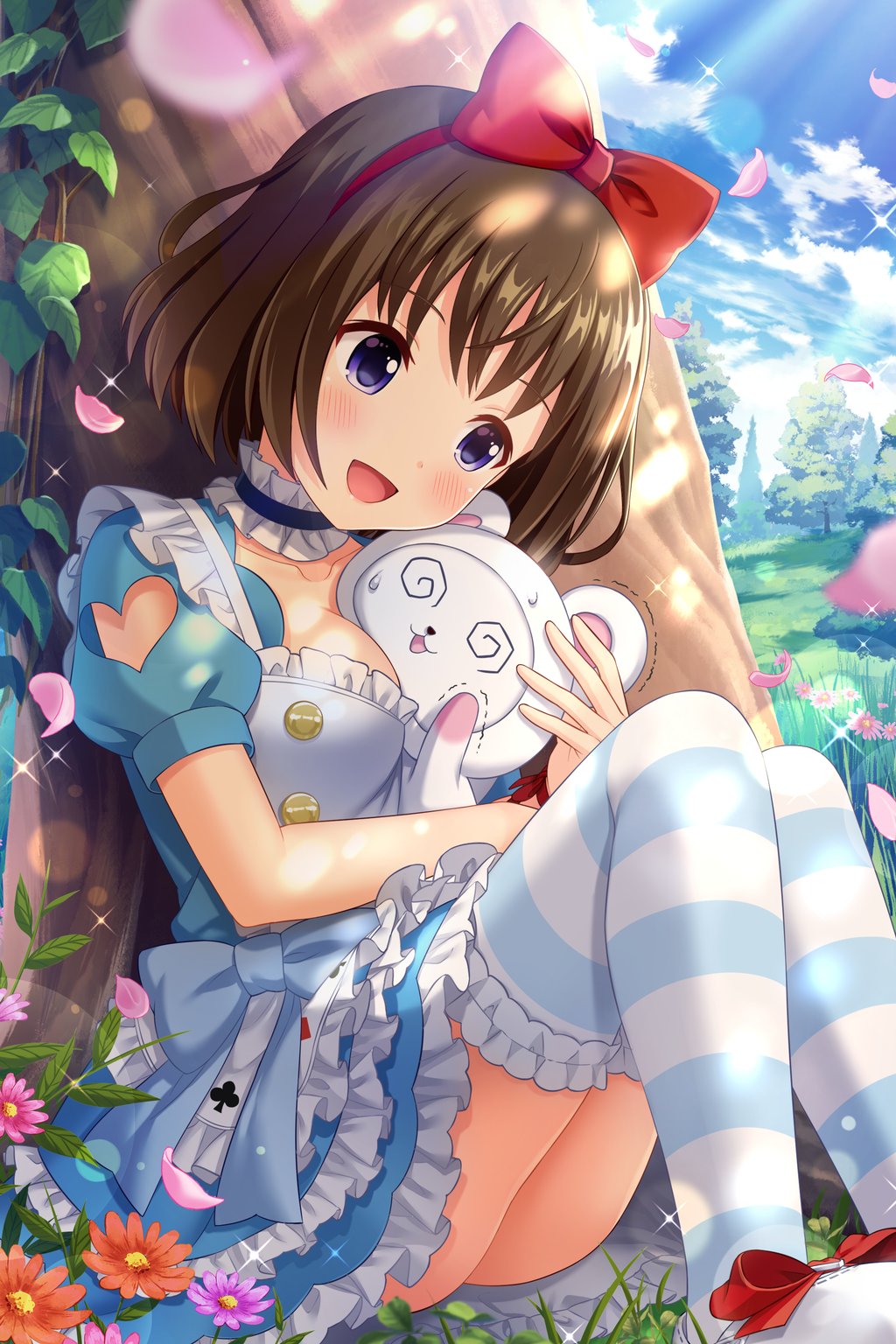 1girl alice_(wonderland) alice_(wonderland)_(cosplay) alice_in_wonderland alternative_girls asahina_nono ass blue_dress blue_legwear blush bow bracelet breasts brown_hair buttons card clouds cloudy_sky club_(shape) collarbone cosplay creature day diamond_(shape) dress flower frilled_dress frilled_legwear frills highres jewelry large_breasts looking_to_the_side official_art orange_flower outdoors pink_flower pink_petals playing_card puffy_short_sleeves puffy_sleeves purple_flower red_bow red_headband short_hair short_sleeves sitting sky striped striped_legwear sunlight sweatdrop tree two-tone_legwear violet_eyes white_legwear
