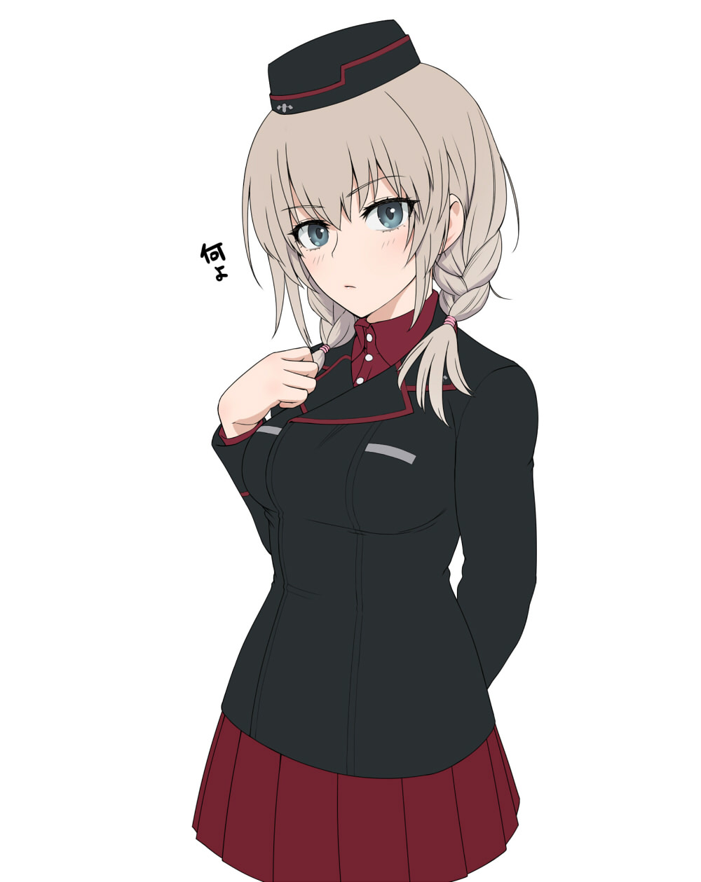 1girl alternate_hairstyle arm_behind_back bangs black_hat black_jacket blue_eyes blush braid closed_mouth dress_shirt eyebrows_visible_through_hair frown garrison_cap girls_und_panzer hair_grab hair_tie hat highres itsumi_erika jacket kuromorimine_military_uniform long_hair long_sleeves looking_at_viewer military military_hat military_uniform miniskirt pleated_skirt red_shirt red_skirt shirt silver_hair simple_background skirt solo standing twin_braids twintails uniform upper_body wata_do_chinkuru white_background