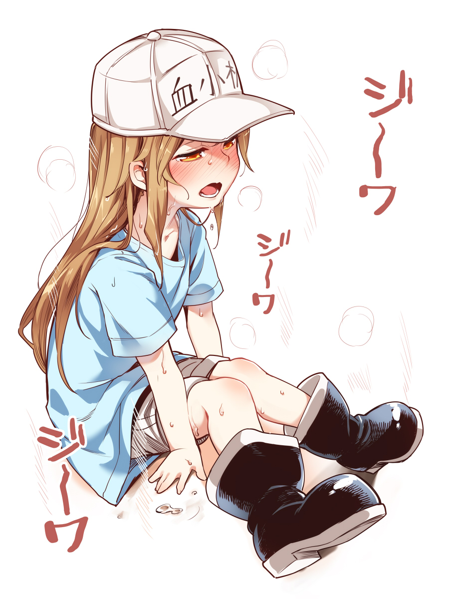 1girl arm_support asutora baseball_cap black_footwear blue_shirt blush boots brown_hair clothes_writing collarbone commentary_request flat_cap full_body hat hataraku_saibou highres long_hair nose_blush open_mouth platelet_(hataraku_saibou) rubber_boots shadow shirt short_sleeves shorts sidelocks simple_background sitting solo sweat t-shirt translated white_background white_hat white_shorts yellow_eyes