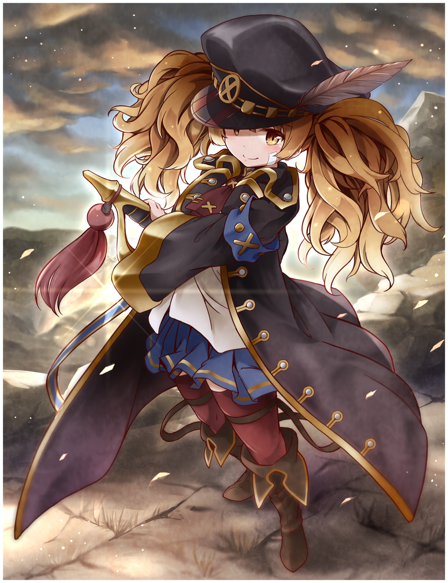 1girl bangs blonde_hair boots coat feathers granblue_fantasy hat long_hair long_sleeves monica_weisswind peaked_cap pleated_skirt skirt smile solo sword thigh-highs tobi_(nekomata_homara) twintails weapon