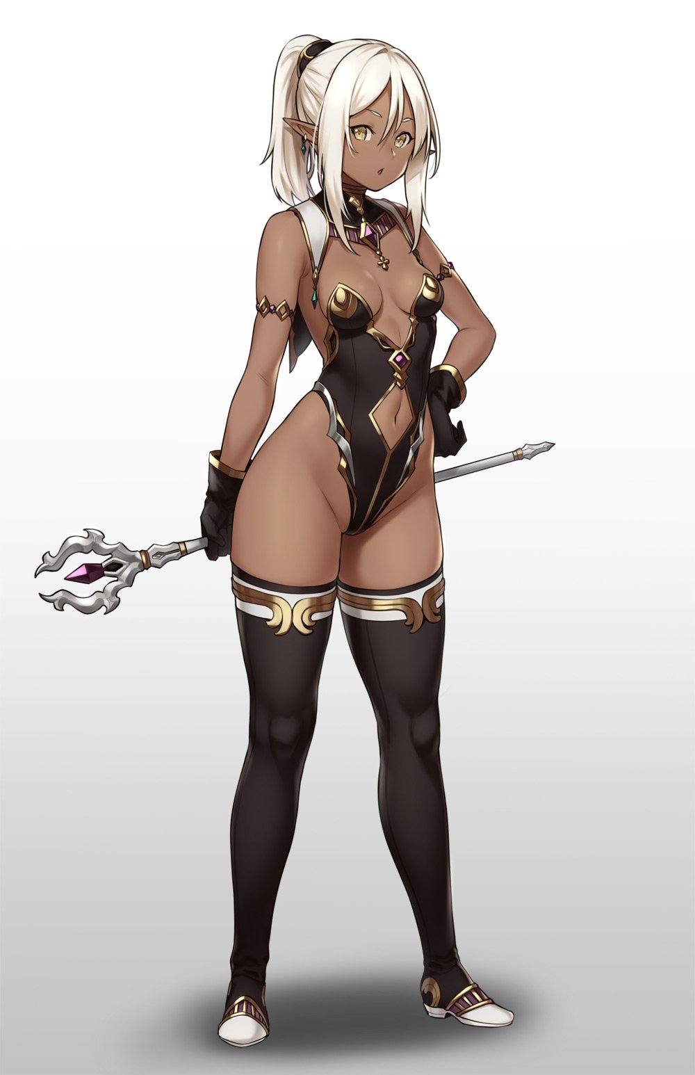 1girl bangs bare_shoulders black_gloves breasts center_opening commentary_request dark_skin earrings elf full_body gloves gradient gradient_background hand_on_hip highleg highleg_leotard highres holding houtengeki jewelry leotard long_hair medium_breasts navel original parted_lips pointy_ears ponytail sidelocks simple_background solo staff standing strapless strapless_leotard thigh-highs thighs white_hair yellow_eyes
