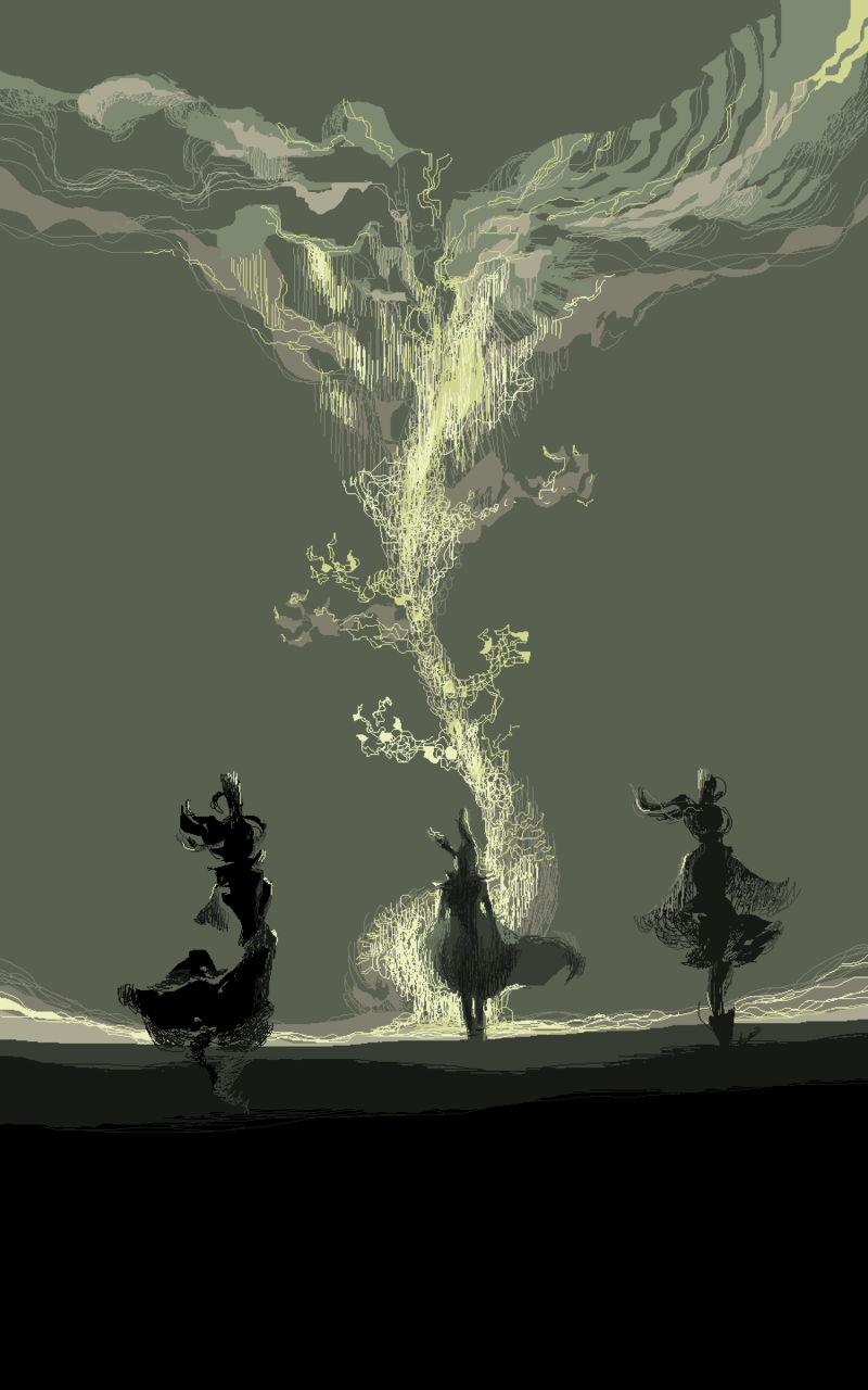 3girls abstract animal_ears character_request claws dragon dress eico green hat highres limited_palette monochrome mononobe_no_futo multiple_girls rabbit_ears silhouette tagme touhou toyosatomimi_no_miko