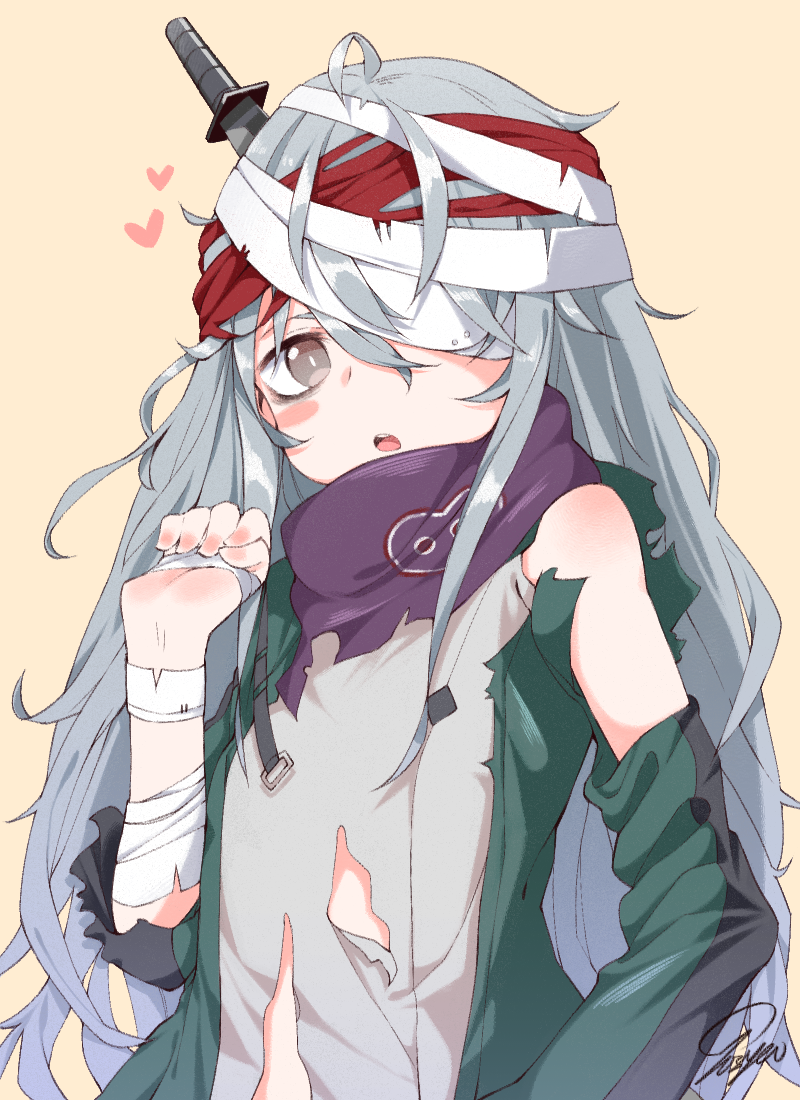 1girl bandage bandaged_arm bandaged_head bandages blush brown_eyes combat_knife commentary g11_(girls_frontline) girls_frontline grey_hair knife knife_in_head long_hair looking_at_viewer parted_lips signature simple_background solo torn_clothes tosyeo upper_body weapon