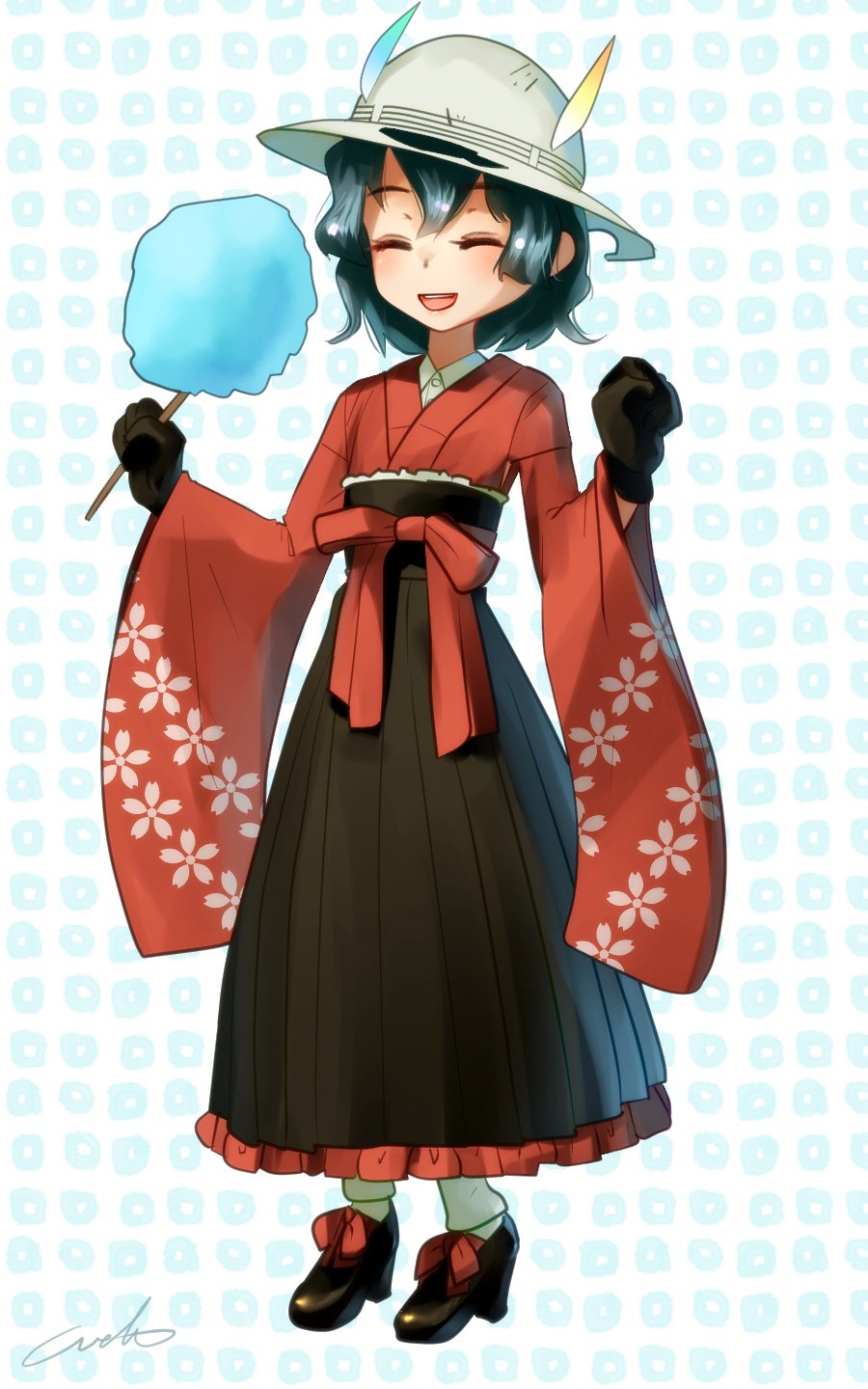 1girl alternate_costume black_hair bucket_hat closed_eyes collared_shirt commentary_request cotton_candy eyebrows_visible_through_hair feathers floral_print frilled_skirt frills full_body gloves hat highres japanese_clothes kaban_(kemono_friends) kemono_friends long_skirt long_sleeves shirt short_hair skirt smile solo waist_bow welt_(kinsei_koutenkyoku)