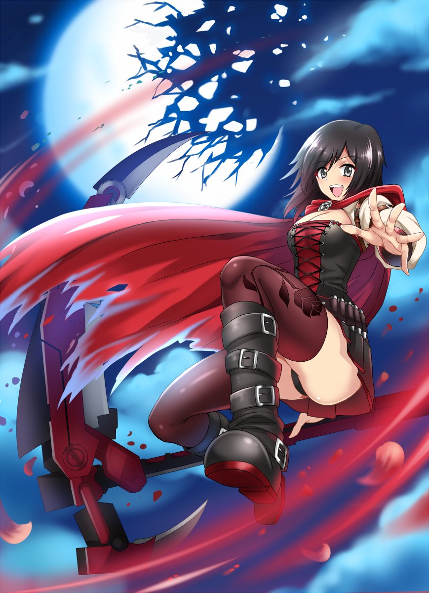 1girl black_hair black_panties boots breasts cape dress eyes flower grey hair hellandheaven highres holding hood jumping knees medium_breasts moon multicolored multicolored_hair night panties petals rose ruby_rose rwby scythe short short_hair solo strapless strapless_dress two-tone_hair underwear weapon