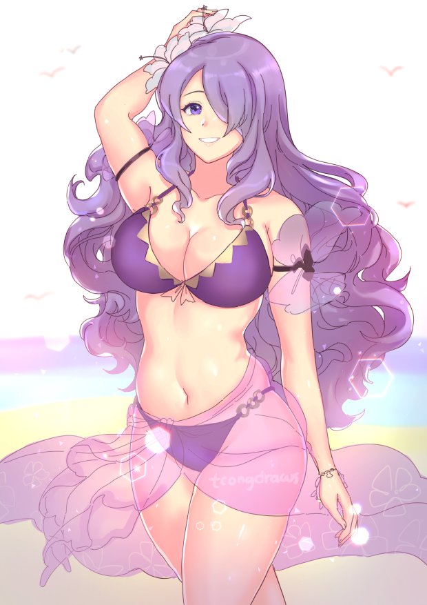 1girl arm_up bikini breasts camilla_(fire_emblem_if) cleavage fire_emblem fire_emblem_heroes fire_emblem_if flower hair_flower hair_ornament hair_over_one_eye large_breasts long_hair navel purple_hair sarong see-through smile swimsuit tcong violet_eyes