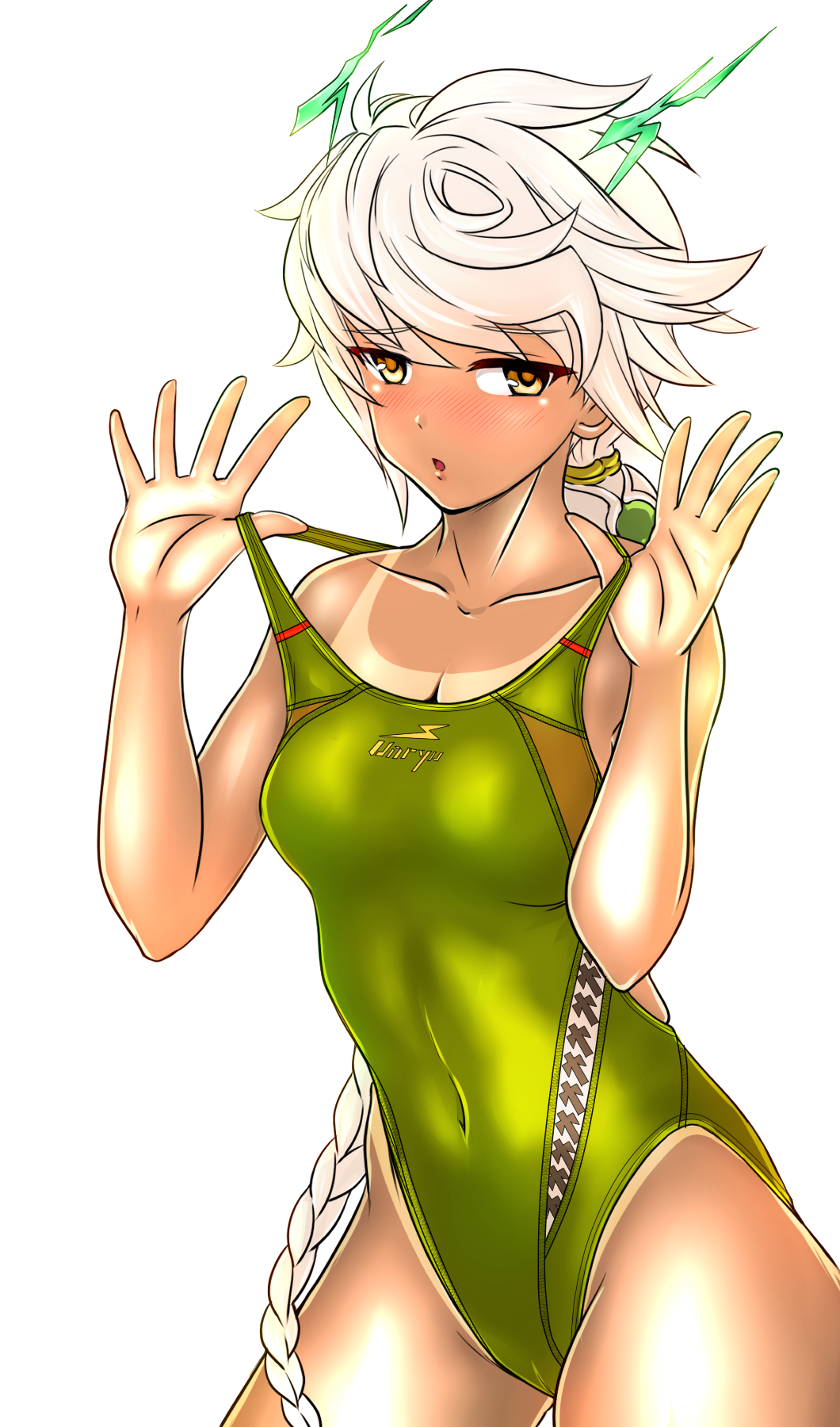 1girl aiuchi alternate_costume antlers asymmetrical_hair bare_shoulders blush braid breasts character_name cleavage collarbone commentary_request competition_swimsuit covered_navel cowboy_shot eyebrows_visible_through_hair green_swimsuit highleg highleg_swimsuit highres jitome kantai_collection large_breasts lips long_hair looking_at_viewer navel one-piece_swimsuit pulled_by_self remodel_(kantai_collection) silver_hair single_braid skindentation solo strap_pull swimsuit tan tanline thighs unryuu_(kantai_collection) very_long_hair wavy_hair yellow_eyes