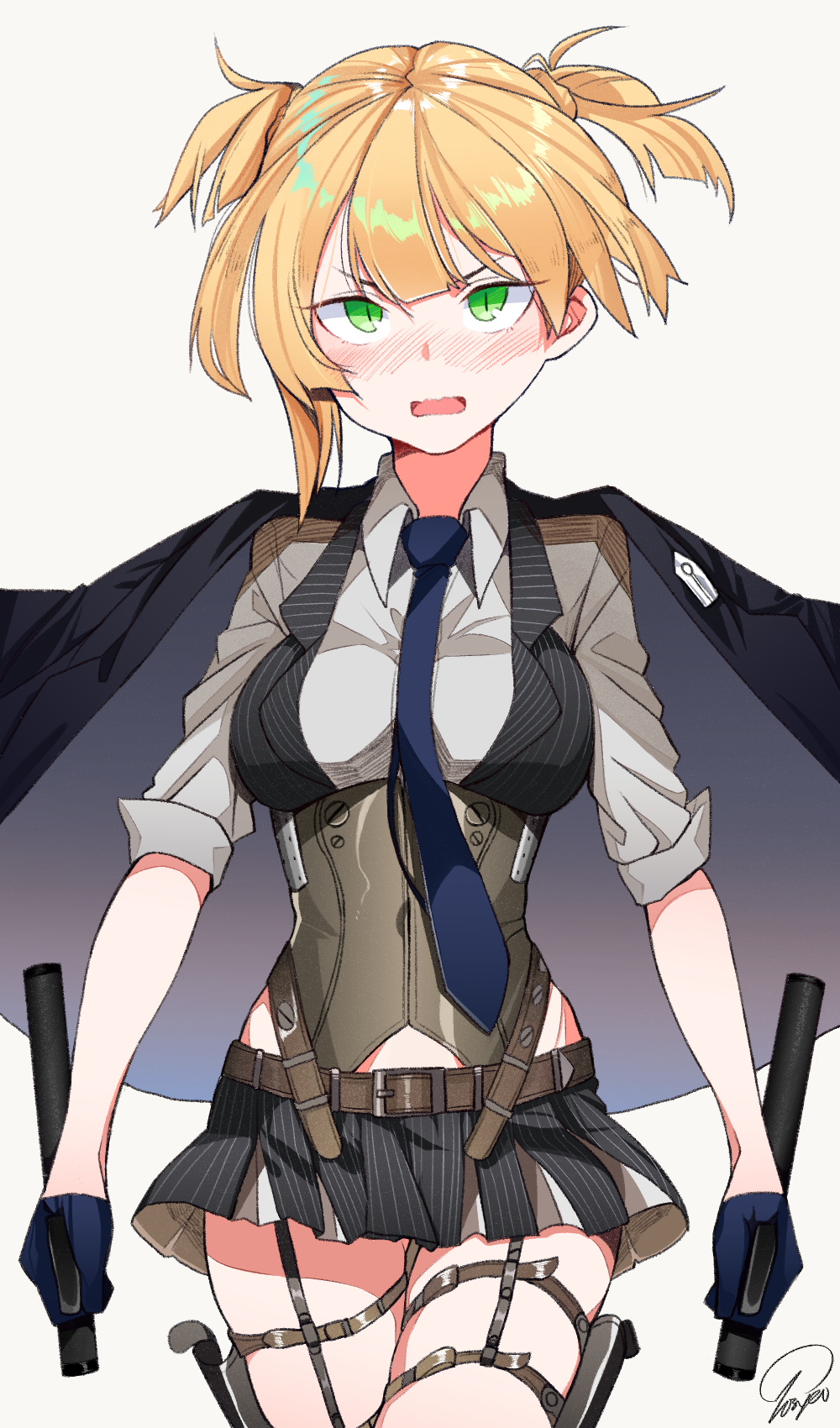 &gt;:o 1girl belt blonde_hair blue_gloves blush covered_navel cowboy_shot dual_wielding girls_frontline gloves green_eyes highres holding jacket_on_shoulders microskirt necktie nose_blush short_twintails simple_background skirt solo tosyeo twintails welrod_mk2 welrod_mk2_(girls_frontline) white_background
