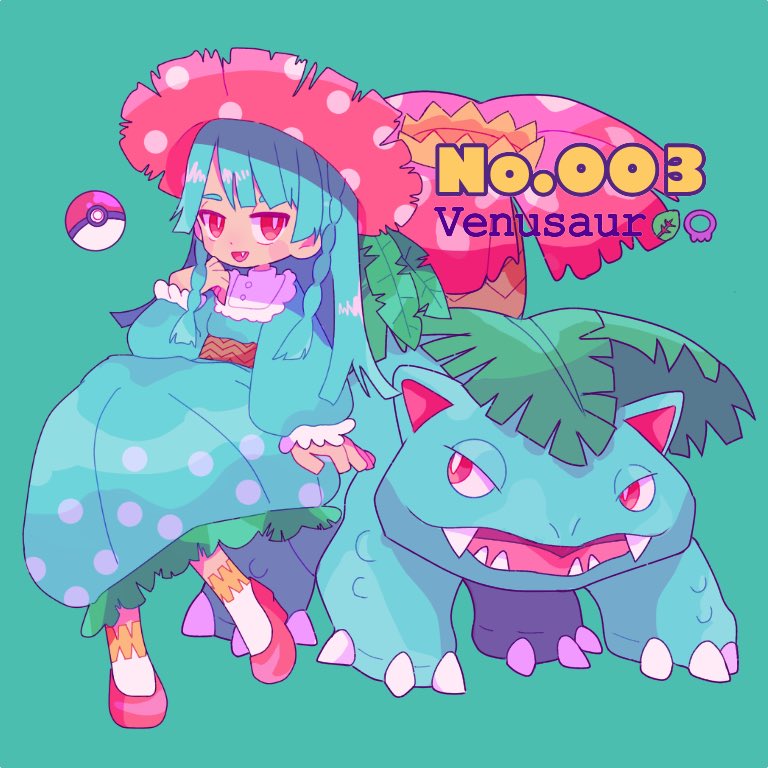 1girl anklet aqua_hair bangs character_name dress english fang flower full_body hand_up hat invisible_chair jewelry leaf long_hair long_sleeves looking_at_viewer mameeekueya moemon open_mouth personification poke_ball pokemon pokemon_(creature) pokemon_number polka_dot puffy_sleeves red_eyes red_footwear red_hat shoes simple_background sitting smile venusaur