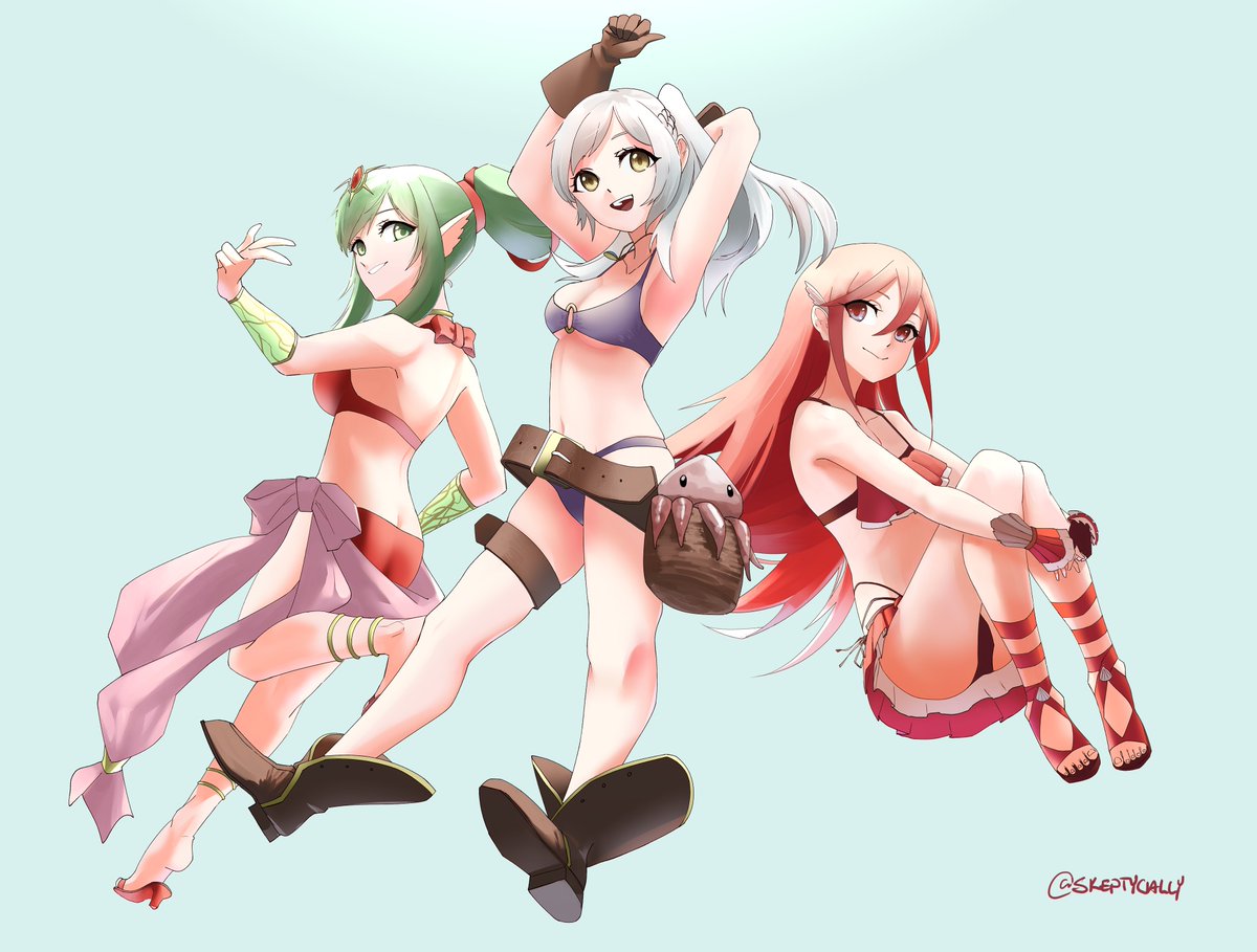 3girls anklet bag basket belt bikini blue_background boots breasts chiki cleavage female_my_unit_(fire_emblem:_kakusei) fire_emblem fire_emblem:_kakusei fire_emblem_heroes frilled_bikini frills gloves green_eyes green_hair invisible_chair jewelry jumping leather leather_gloves leg_hug long_hair medium_breasts multiple_girls my_unit_(fire_emblem:_kakusei) navel o-ring o-ring_bikini octopus open_mouth purple_bikini red_bikini red_eyes redhead sandals sash satchel side-tie_bikini sidelocks silver_hair simple_background sitting sketchy small_breasts smile swimsuit thigh_strap cordelia_(fire_emblem) twintails twitter_username v vambraces yellow_eyes
