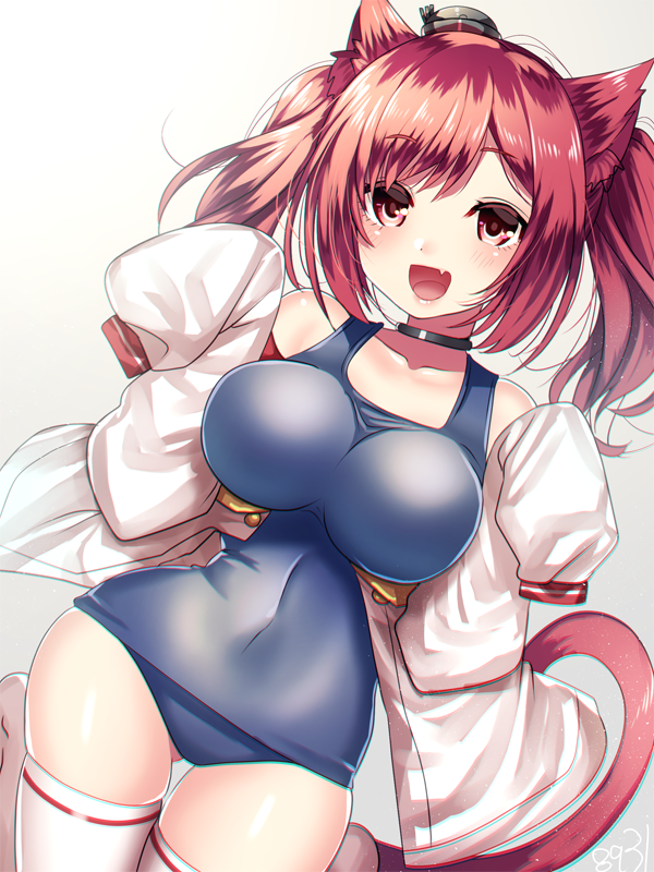 1girl :d animal_ears azur_lane bangs bare_shoulders blue_swimsuit blush breasts cat_ears cat_girl cat_tail chromatic_aberration collarbone covered_navel cowboy_shot eyebrows_visible_through_hair fang gluteal_fold hakusai_ponzu i-19_(azur_lane) large_breasts long_hair long_sleeves open_mouth red_eyes redhead school_swimsuit sleeves_past_fingers sleeves_past_wrists smile solo swept_bangs swimsuit tail thigh-highs thigh_gap thighs twintails white_legwear
