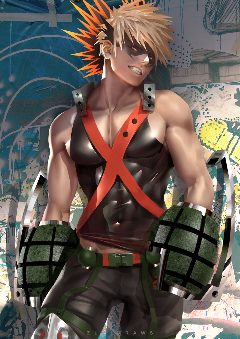 1boy abs arms_at_sides artist_name bakugou_katsuki banned_artist bare_arms bare_shoulders belt black_camisole black_pants blonde_hair boku_no_hero_academia camisole chest collarbone cowboy_shot domino_mask explosive garter_belt garter_straps gauntlets graffiti grenade grin half-closed_eyes head_tilt impossible_clothes lips looking_at_viewer male_focus mask pants redhead shiny shiny_clothes short_hair skin_tight smile solo spiky_hair standing teeth toned toned_male wall weapon zumi_(zumidraws)