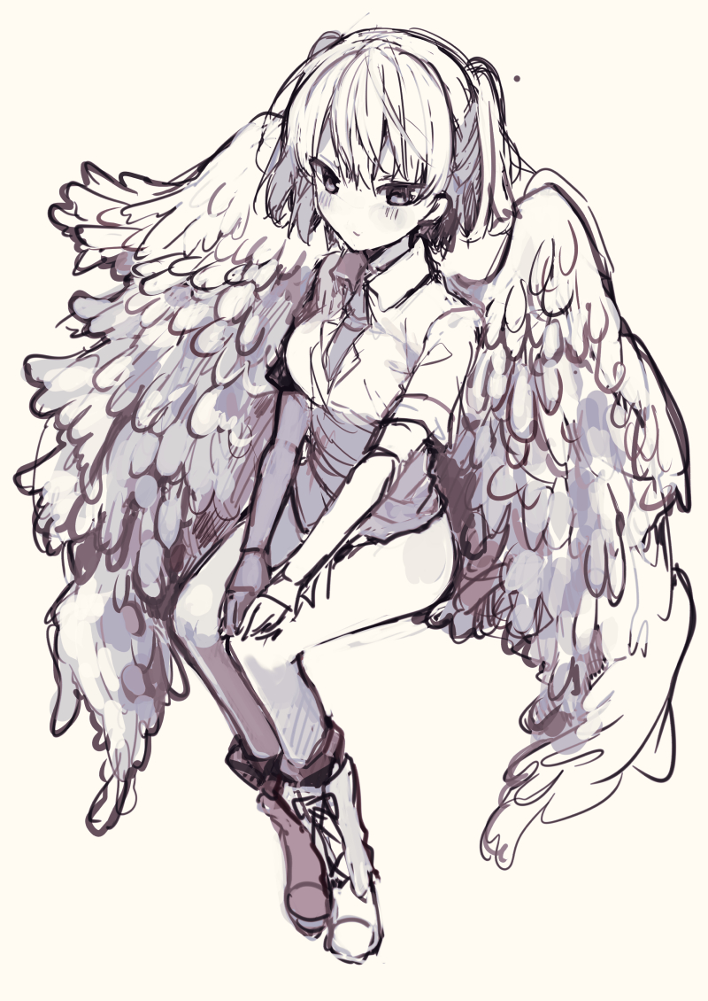 1girl angel_chromosome_xx angel_wings boots collared_shirt full_body grey_background greyscale ikeuchi_tanuma invisible_chair legs_together looking_at_viewer monochrome multiple_wings necktie neon_genesis_evangelion shirt short_hair short_sleeves simple_background sitting sketch solo tabris tabris-xx twintails wing_collar wings