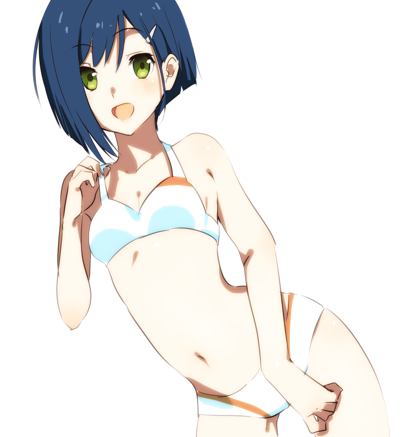 1girl :d asymmetrical_hair blue_hair bra breasts cleavage collarbone darling_in_the_franxx eyebrows_visible_through_hair green_eyes hair_between_eyes hair_ornament hairclip ichigo_(darling_in_the_franxx) looking_at_viewer navel open_mouth panties senjitsu_musou short_hair simple_background small_breasts smile solo underwear white_background white_bra white_panties