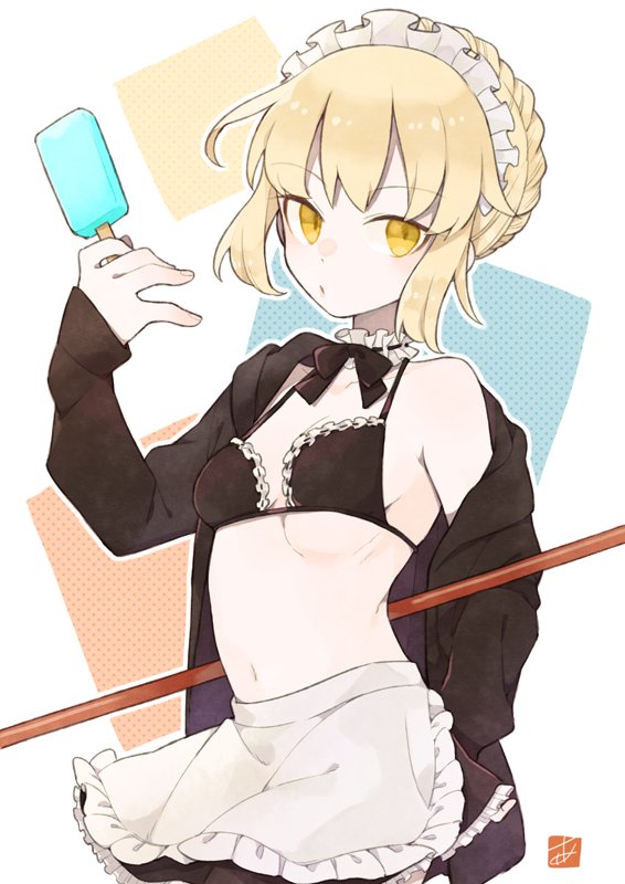 1girl apron ark_kan artoria_pendragon_(all) artoria_pendragon_(swimsuit_rider_alter) blonde_hair bow bowtie breasts detached_collar eyebrows_visible_through_hair fate/grand_order fate_(series) food frilled_bikini_top jacket looking_at_viewer maid_headdress navel polearm popsicle small_breasts solo upper_body waist_apron weapon white_background yellow_eyes