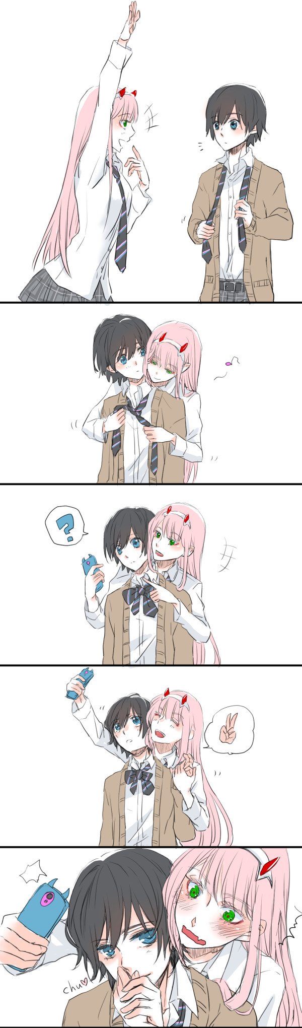 1boy 1girl ? bangs beige_blazer black_hair blazer blue_eyes blush bow cellphone closed_eyes collared_shirt comic commentary_request couple darling_in_the_franxx eyebrows_visible_through_hair face-to-face facing_another finger_to_mouth forehead-to-forehead green_eyes hair_ornament hairband heart hetero highres hiro_(darling_in_the_franxx) holding holding_cellphone holding_phone horns hug hug_from_behind jacket long_hair long_image looking_at_another necktie oni_horns open_clothes open_shirt phone pink_hair red_horns sakuragouti school_uniform shirt short_hair speech_bubble striped_neckwear sweat tall_image white_hairband white_shirt wing_collar zero_two_(darling_in_the_franxx)