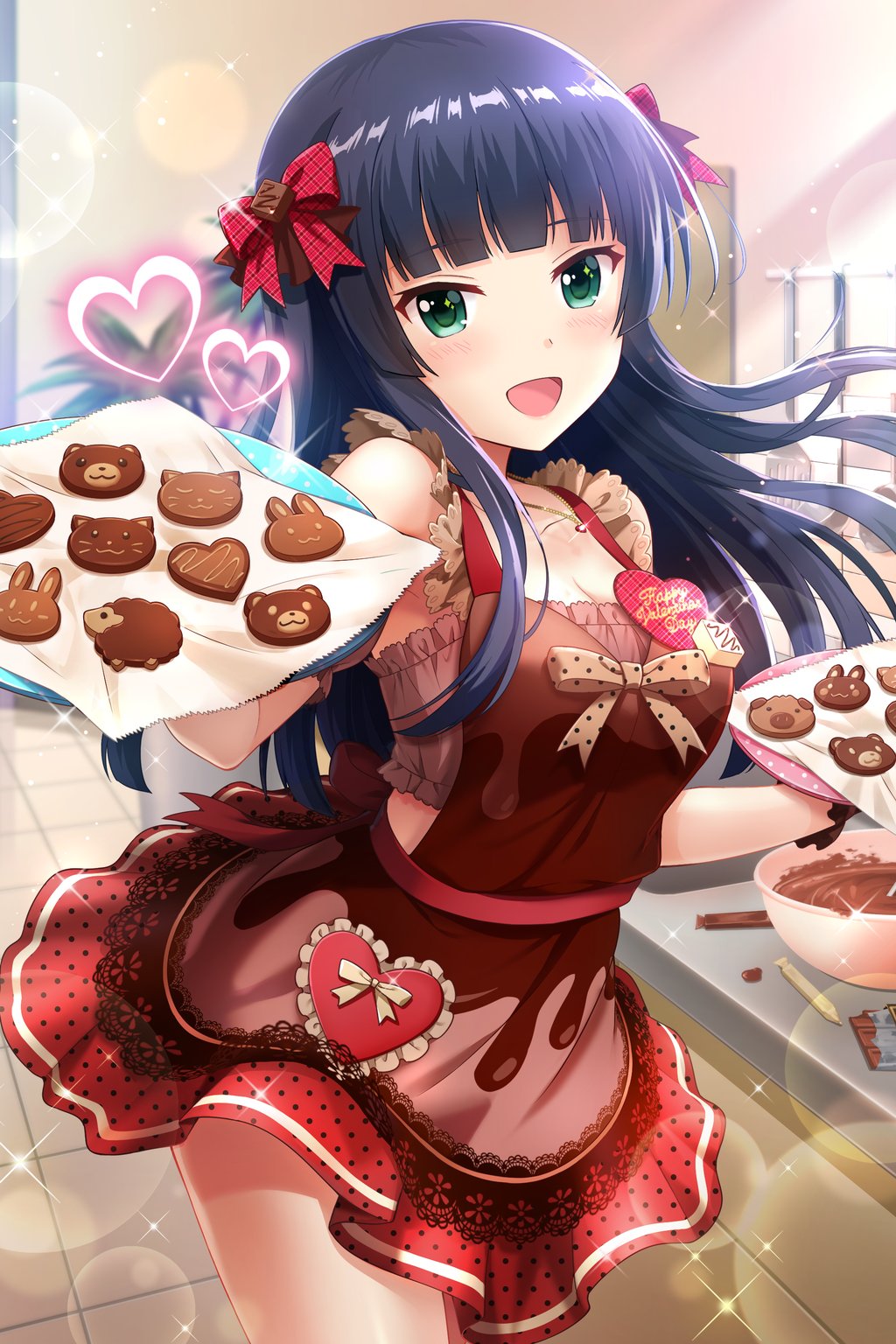 1girl alternative_girls baking bangs black_hair blunt_bangs blush bow breasts brown_apron chocolate chocolate_bar chocolate_chip_cookie chocolate_heart cleavage cooking cowboy_shot dress green_eyes hair_bow hair_ornament happy_valentine heart highres holding holding_plate indoors jewelry kitchen ladle long_hair looking_at_viewer mixing_bowl necklace official_art open_mouth plate red_apron red_bow red_dress smile spatula tendou_machi valentine