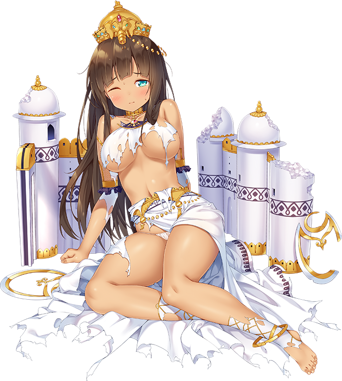 1girl ;( amber_(oshiro_project) artist_request bare_shoulders barefoot blue_eyes blush breasts brown_hair crown dark_skin eyebrows_visible_through_hair full_body large_breasts long_hair looking_at_viewer navel oshiro_project oshiro_project_re panties solo thighs torn_clothes transparent_background under_boob underwear white_legwear