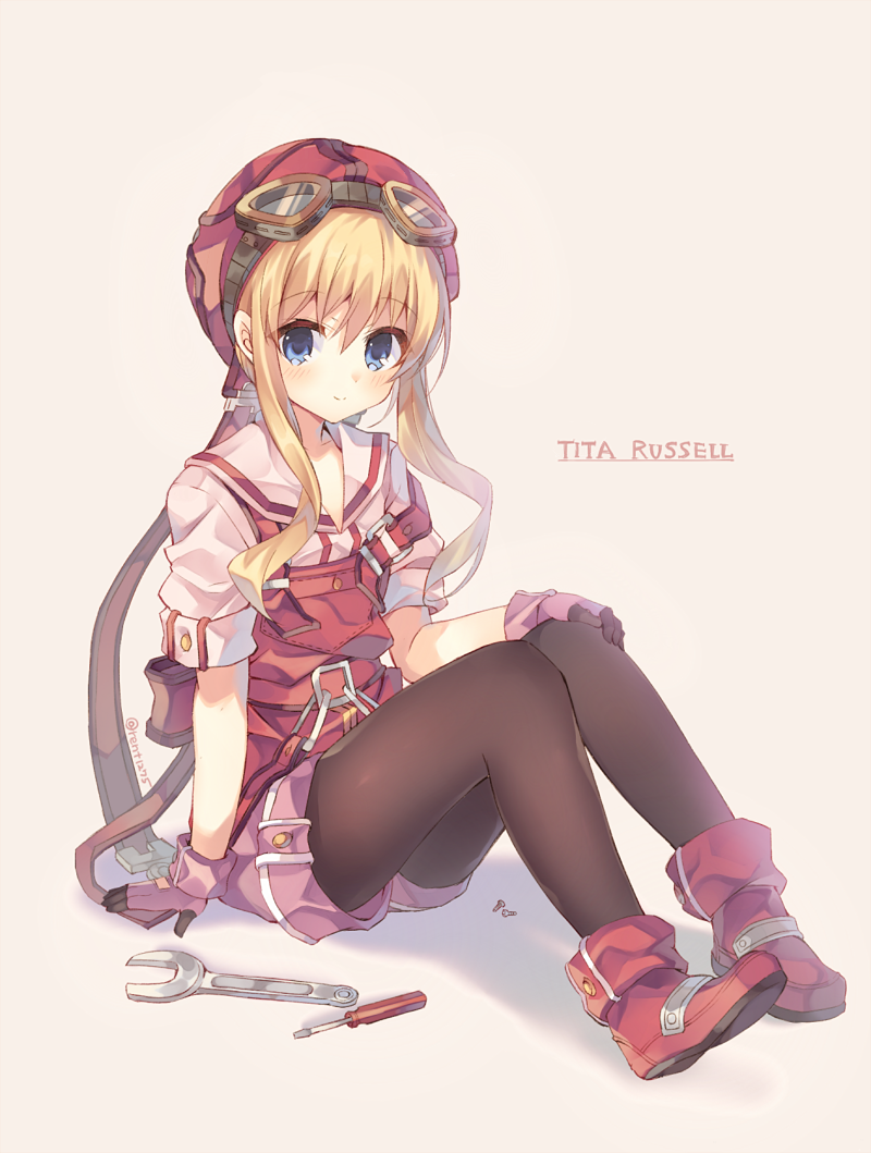 1girl black_legwear blonde_hair blue_eyes character_name eiyuu_densetsu full_body gloves goggles goggles_on_head hand_on_own_knee hat long_hair looking_at_viewer overalls pantyhose pink_background pink_gloves rento_(rukeai) screw screwdriver shadow shirt shoes short_sleeves shorts simple_background sitting smile solo sora_no_kiseki tita_russell wrench