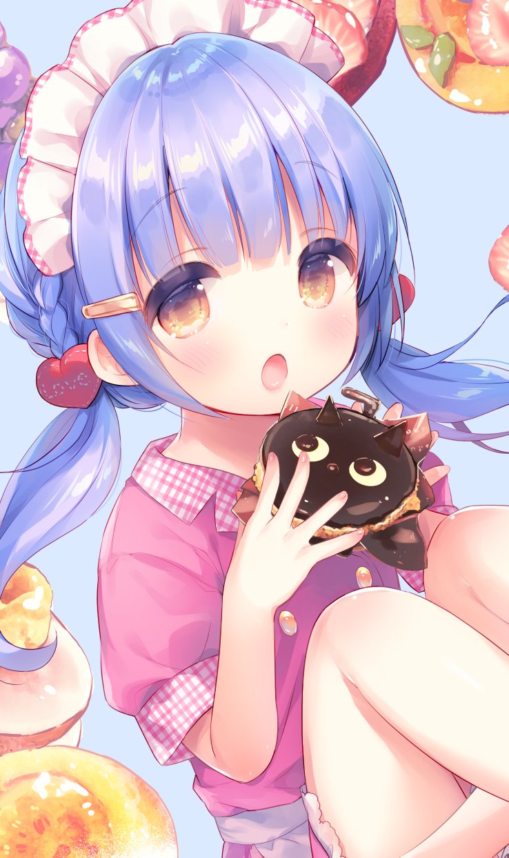 1girl :o bangs blue_background blue_hair blush brown_eyes chocolate collared_shirt commentary_request dutch_angle eyebrows_visible_through_hair fingernails food gingham hair_ornament hairclip heart heart_hair_ornament highres holding holding_food long_hair looking_at_viewer low_twintails maid_headdress open_mouth original puffy_short_sleeves puffy_sleeves purple_shirt shirt short_sleeves solo_focus twintails usashiro_mani