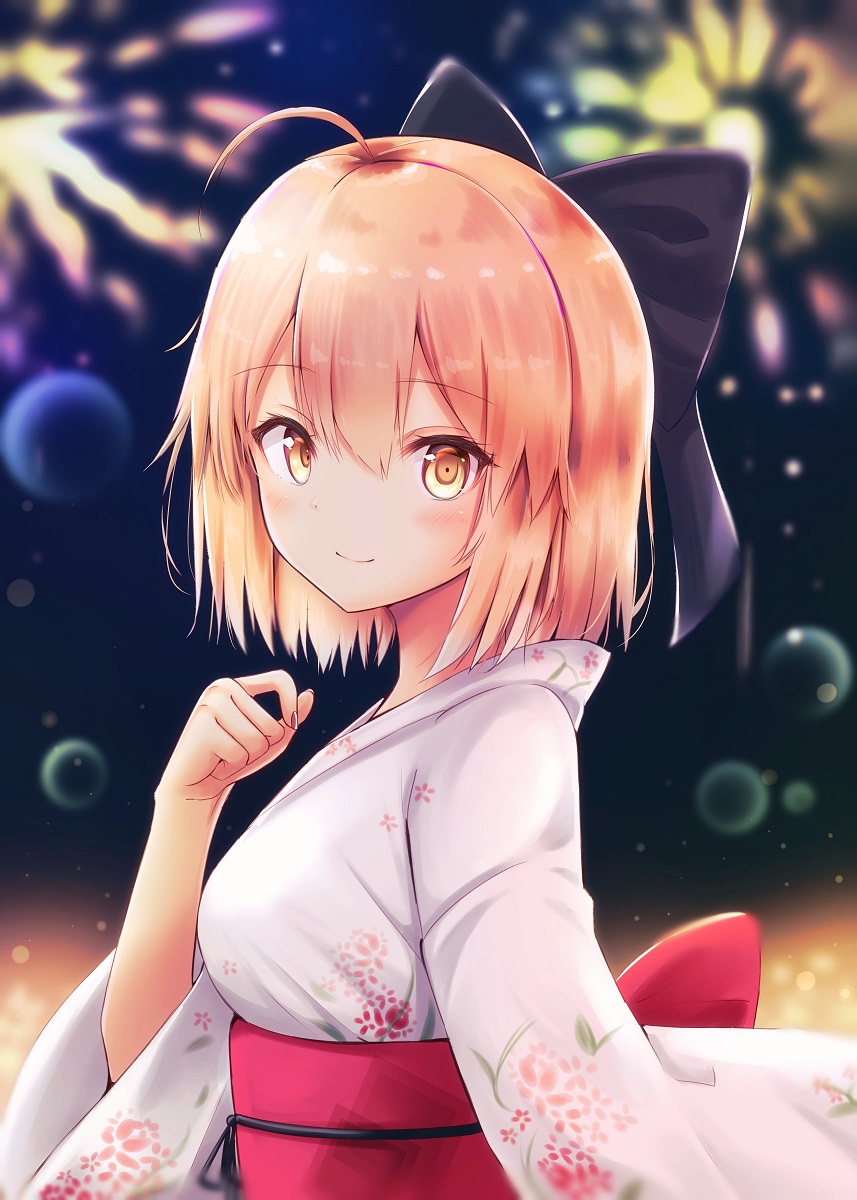 1girl ahoge alternate_costume bangs black_bow blonde_hair blurry blurry_background blush bow breasts bubble closed_mouth commentary_request depth_of_field eyebrows_visible_through_hair fate_(series) festival fireworks floral_print from_side hair_between_eyes hair_bow hand_up highres japanese_clothes kimono koha-ace long_sleeves looking_at_viewer looking_to_the_side medium_breasts medium_hair nail_polish night night_sky obi okita_souji_(fate) okita_souji_(fate)_(all) outdoors purple_nails renka_(cloudsaikou) sash shiny shiny_hair sky smile solo standing upper_body white_kimono wide_sleeves yellow_eyes