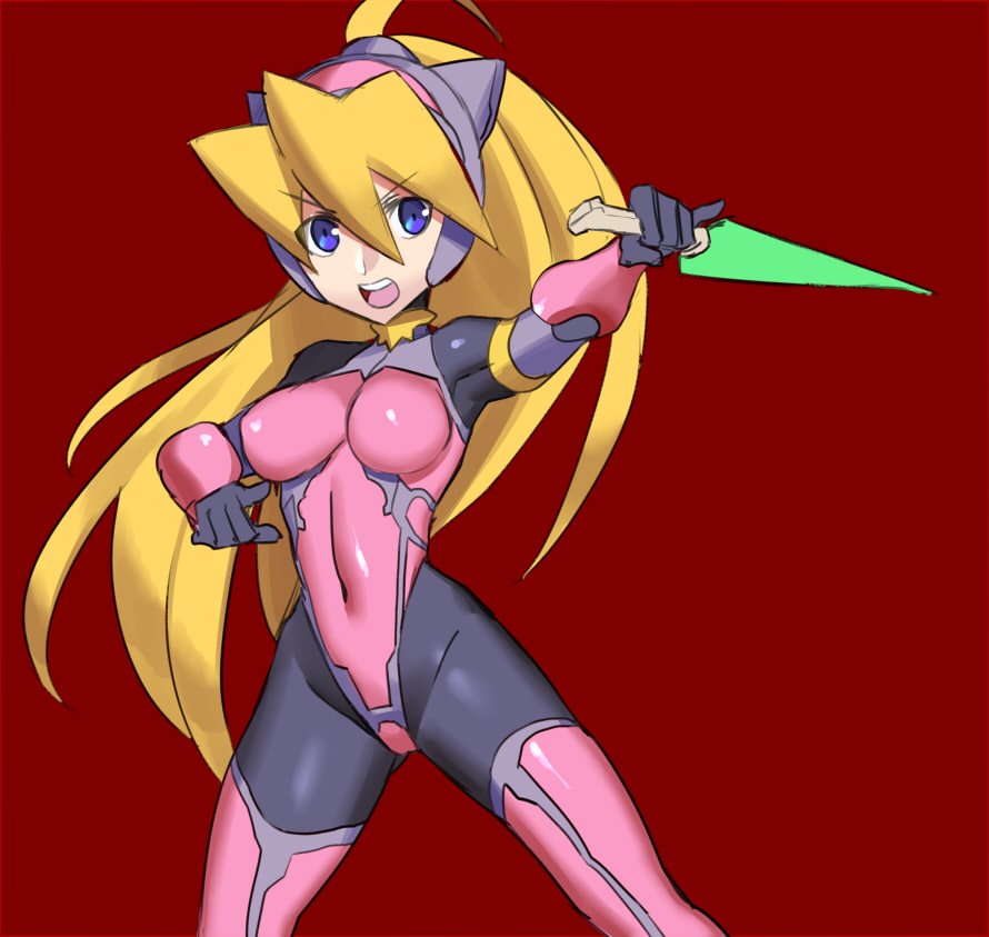 1girl bangs blonde_hair blue_eyes bodysuit breasts capcom ciel_(rockman) cosplay cosplay_request covered_navel energy_blade eyebrows_visible_through_hair female gloves hair_between_eyes high_ponytail holding holding_weapon legs_apart leotard long_hair looking_at_viewer medium_breasts ninja open_mouth ponytail rockman rockman_zero simple_background skin_tight solo taimanin_(series) teeth thigh-highs ukimukai very_long_hair weapon