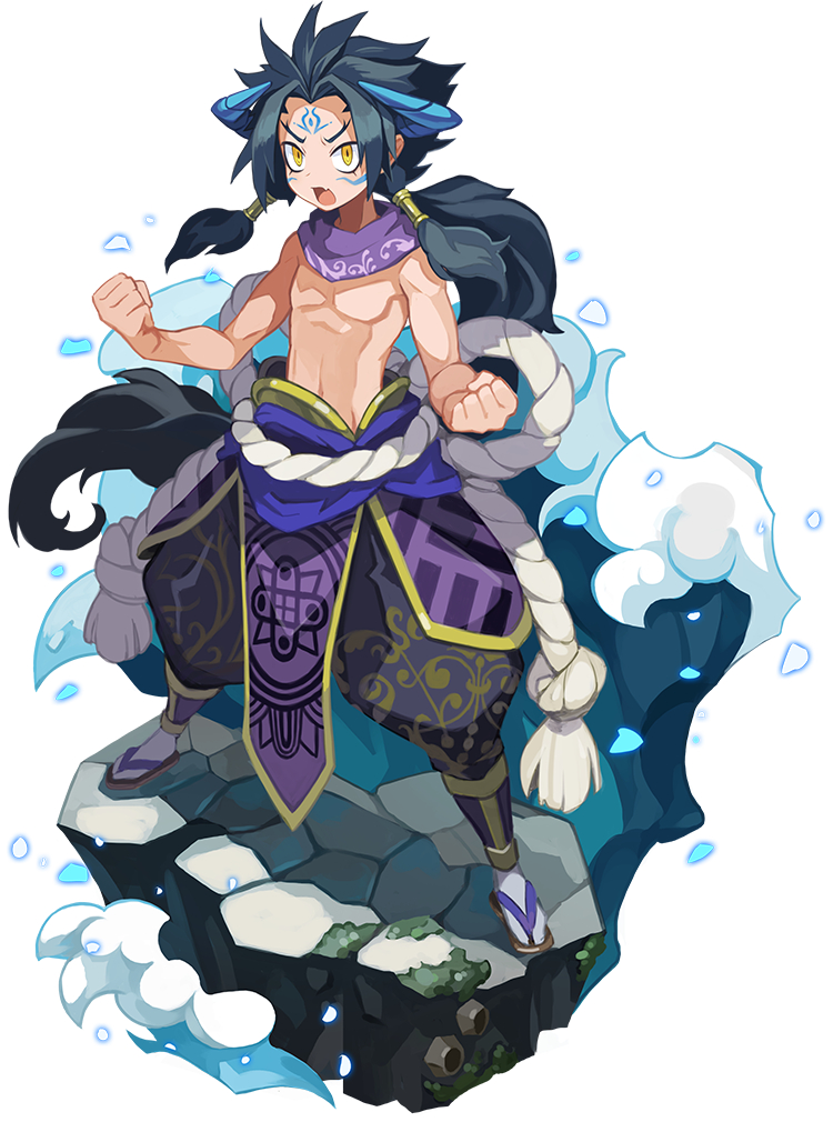 1boy :o black_hair clenched_hand faux_figurine forehead_tattoo full_body hair_tubes harada_takehito horns long_hair looking_at_viewer makai_wars male_focus official_art open_mouth pants sandals shirtless solo standing susanoo_(yurudorashiru) water yellow_eyes yurudorashiru