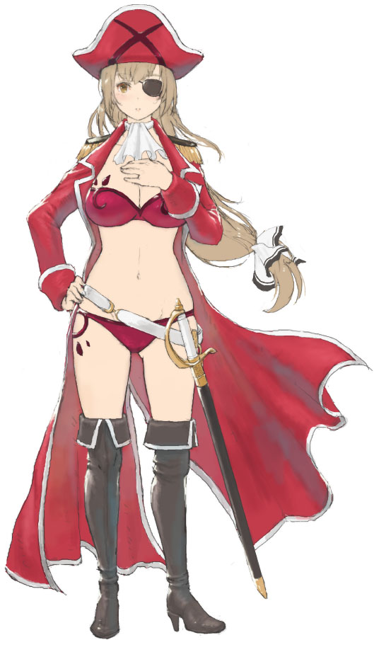 1girl ahoge amagi_brilliant_park ascot bangs belt bikini boots breasts brown_eyes brown_footwear epaulettes eyepatch full_body gluteal_fold hand_on_hip hand_on_own_chest hat high_heel_boots high_heels iwauchi_tomoki large_breasts light_blush light_brown_hair long_hair looking_at_viewer low-tied_long_hair navel one_eye_covered open_cloak parted_lips pirate pirate_costume pirate_hat red_bikini red_cloak scabbard sento_isuzu sheath solo standing swimsuit sword thigh-highs thigh_boots weapon white_neckwear