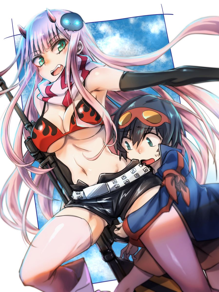 1boy 1girl armband bangs bare_shoulders belt bikini_top black_hair blue_eyes blush breasts cleavage commentary_request core_drill cosplay couple darling_in_the_franxx elbow_gloves embarrassed eyebrows_visible_through_hair fangs fingerless_gloves frown gloves goggles goggles_on_head green_eyes gun hair_ornament hair_stick height_difference herozu_(xxhrd) hetero highres hiro_(darling_in_the_franxx) horns jacket jewelry large_breasts long_hair long_sleeves looking_at_viewer machine_gun navel necklace oni_horns pink_hair pink_legwear red_horns scarf shiny shiny_clothes shiny_hair short_hair short_shorts shorts simon simon_(cosplay) skull_hair_ornament studded_belt sweatdrop tengen_toppa_gurren_lagann thigh-highs weapon yoko_littner yoko_littner_(cosplay) zero_two_(darling_in_the_franxx)